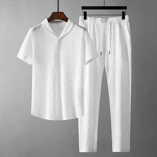 Men's 2024 Solid Pleate Two Piece Suits Summer male Turn-Down Collar Short Sleeve Top Sets Casual Long Straight Pants Outfits